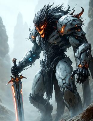 The primary subject of the image is a large, metal-looking creature with a demonic appearance. It is standing in a dark, rocky environment, with a sword in its hand. The visual style of the image is digital art, and the dominant colors are dark and ominous, creating a mood of fear and danger.
